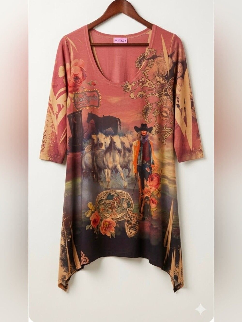 Fantazia Western Cowgirl Rose Horses Graphic Tunic Top  L Boho Rodeo Core
